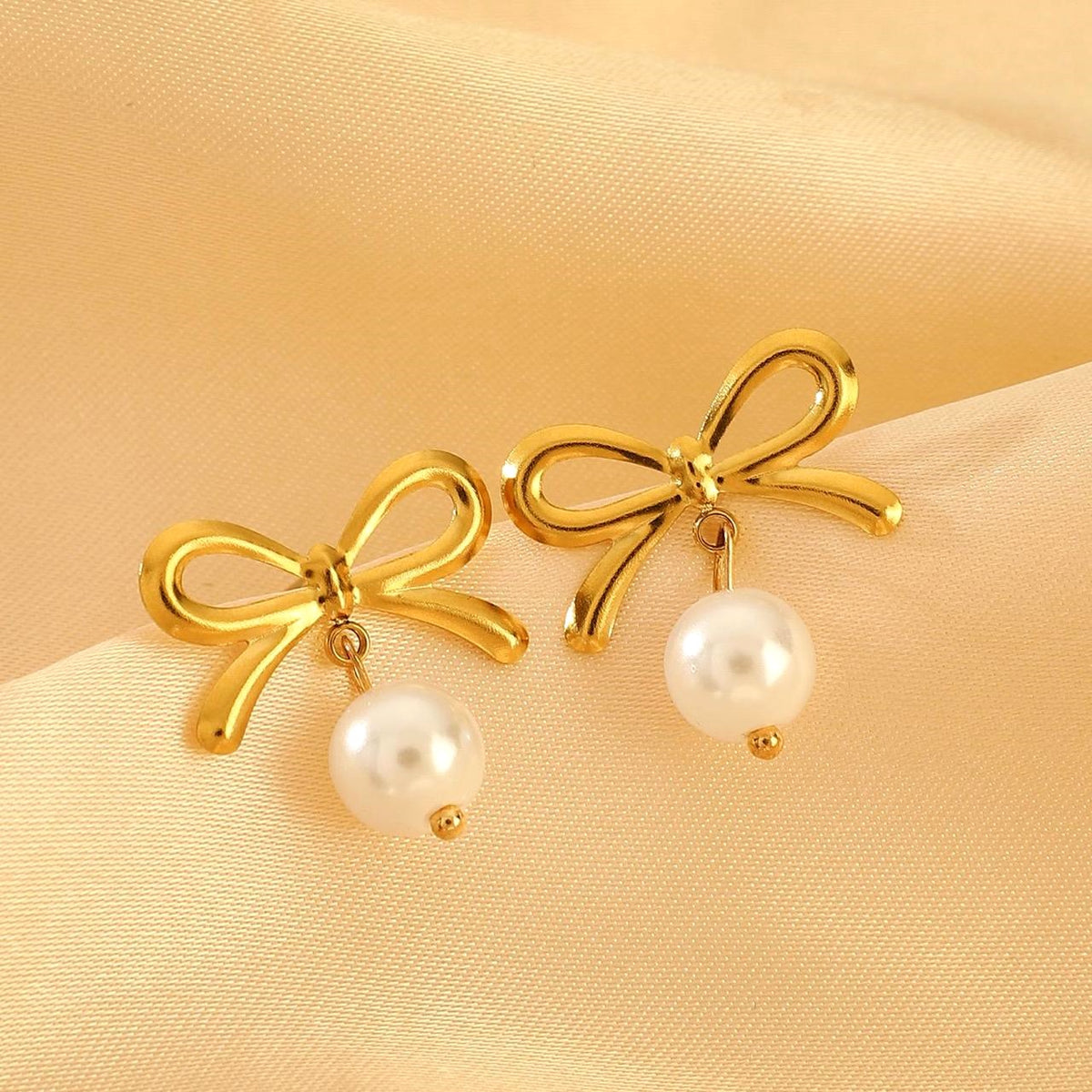 18K Gold Plated Bow Pearl Drop Earrings