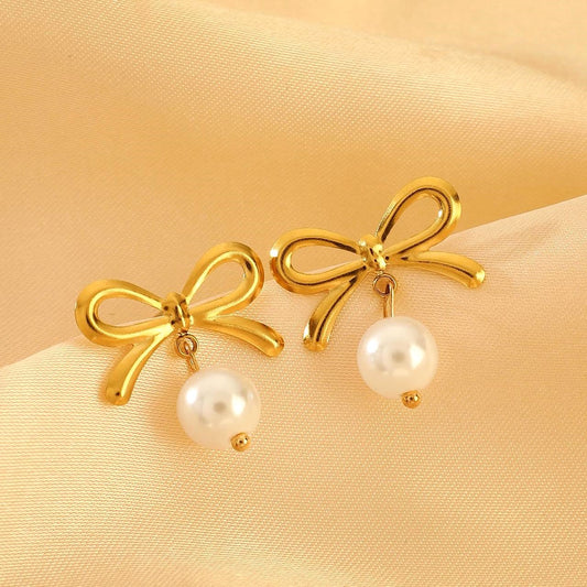 18K Gold Plated Bow Pearl Drop Earrings