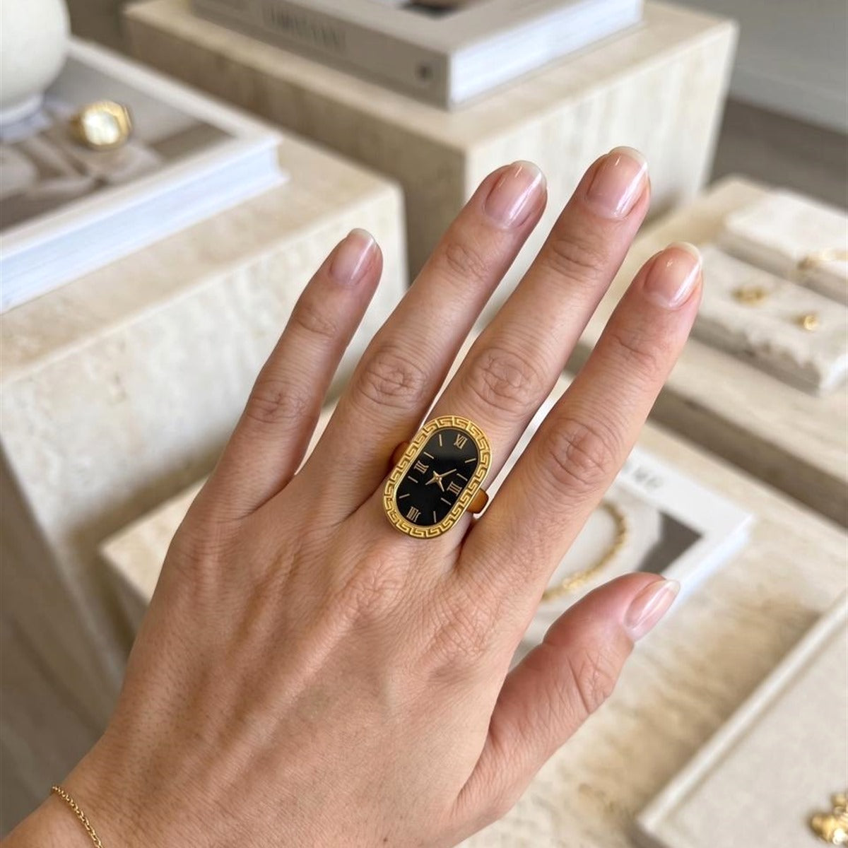 18K Gold Plated Black Greek Key Oval Clock Ring
