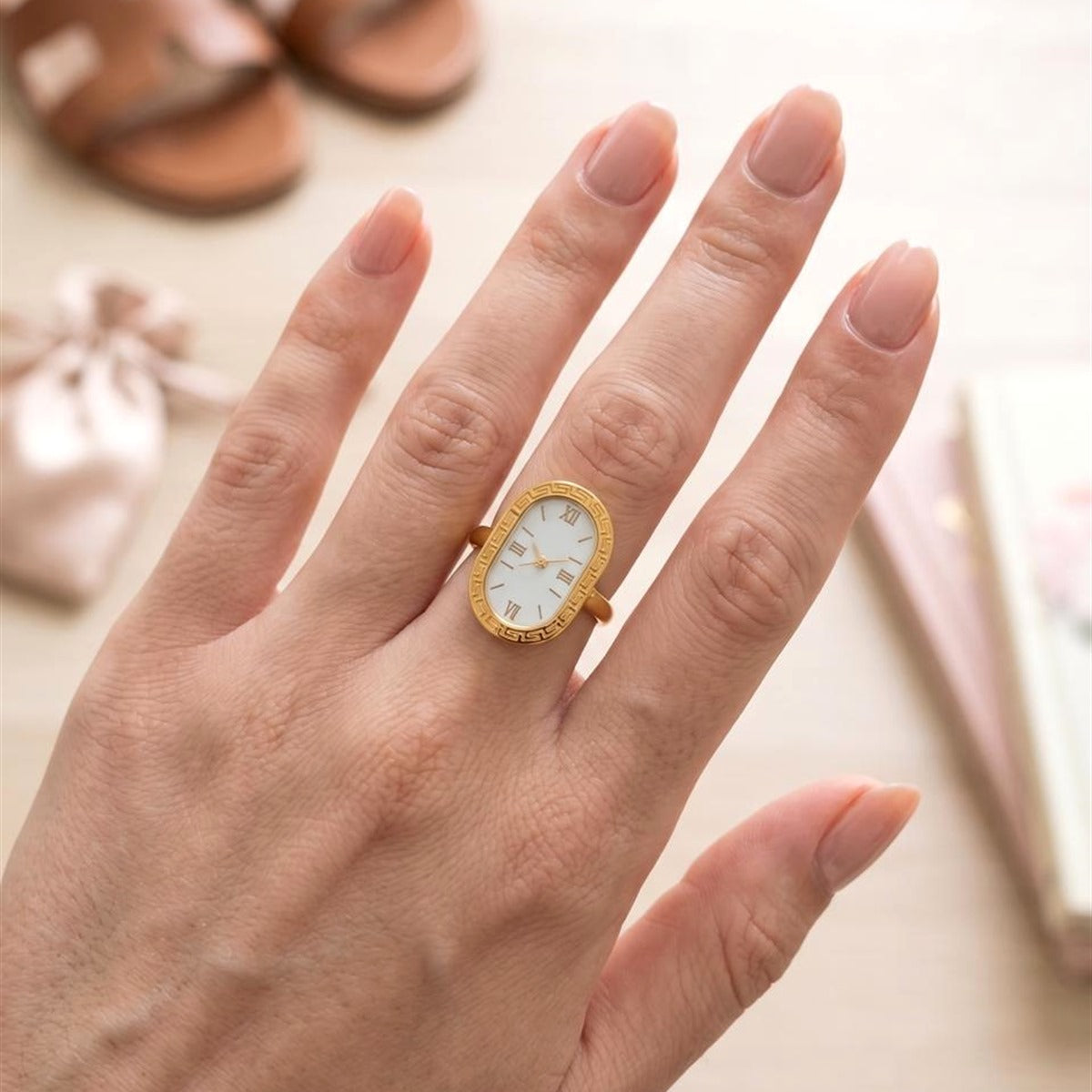 18K Gold Plated White Greek Key Oval Clock Ring