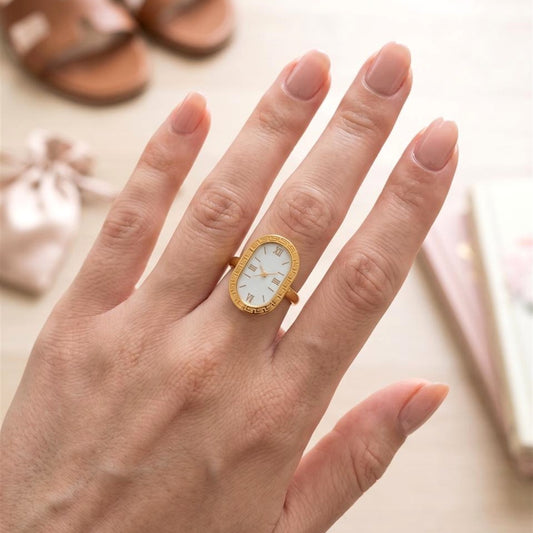 18K Gold Plated White Greek Key Oval Clock Ring