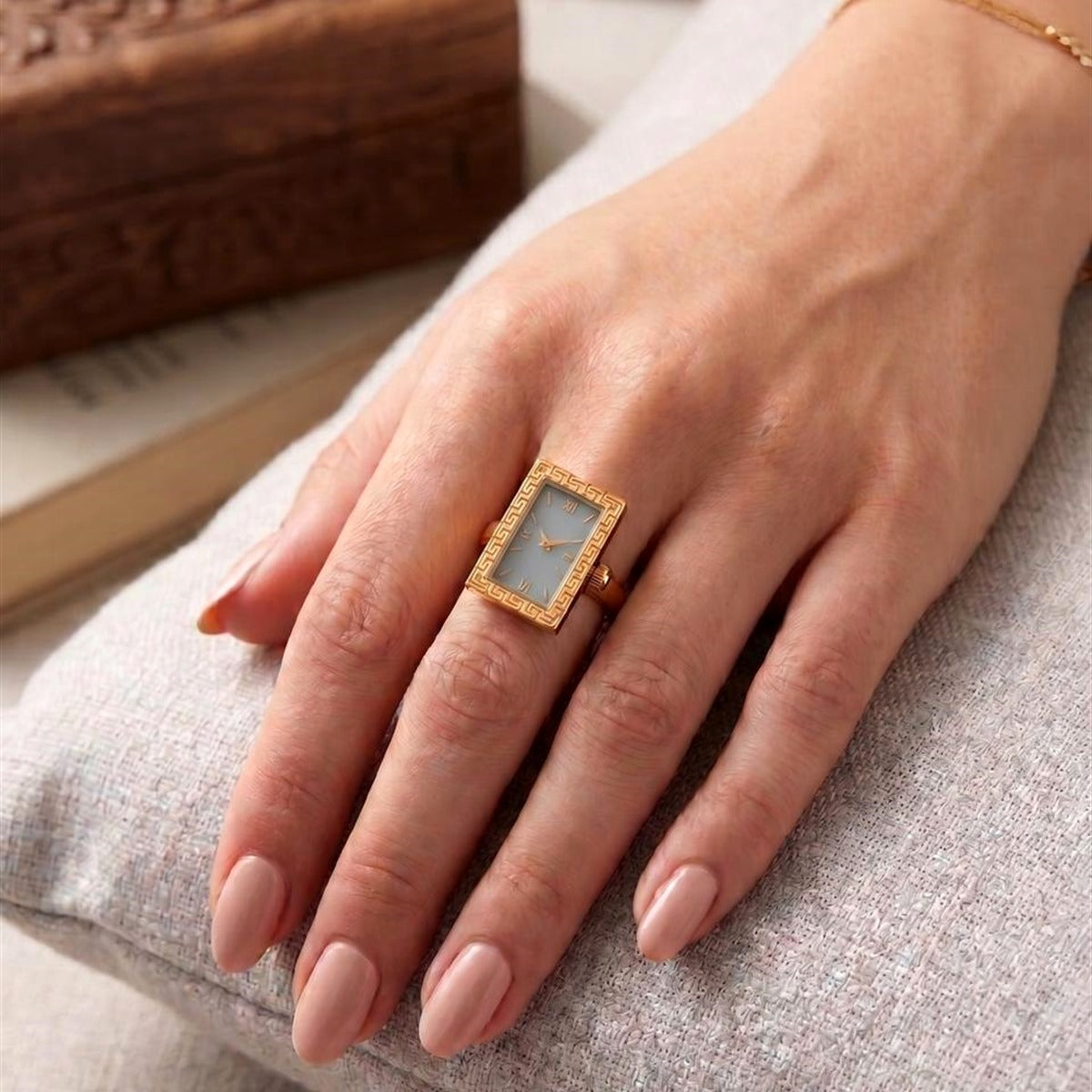 18K Gold Plated Grey Greek Key Rectangle Clock Ring