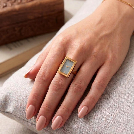 18K Gold Plated Grey Greek Key Rectangle Clock Ring