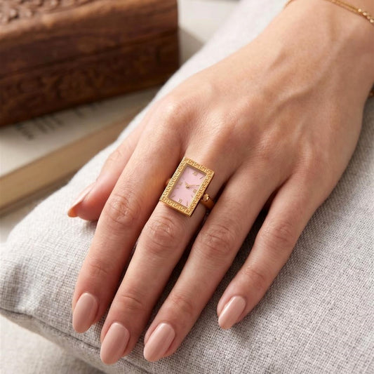 18K Gold Plated Pink Greek Key Rectangle Clock Ring