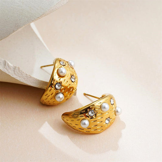 18K Gold Plated Pearl & Star Crystal Half Hoop Earrings