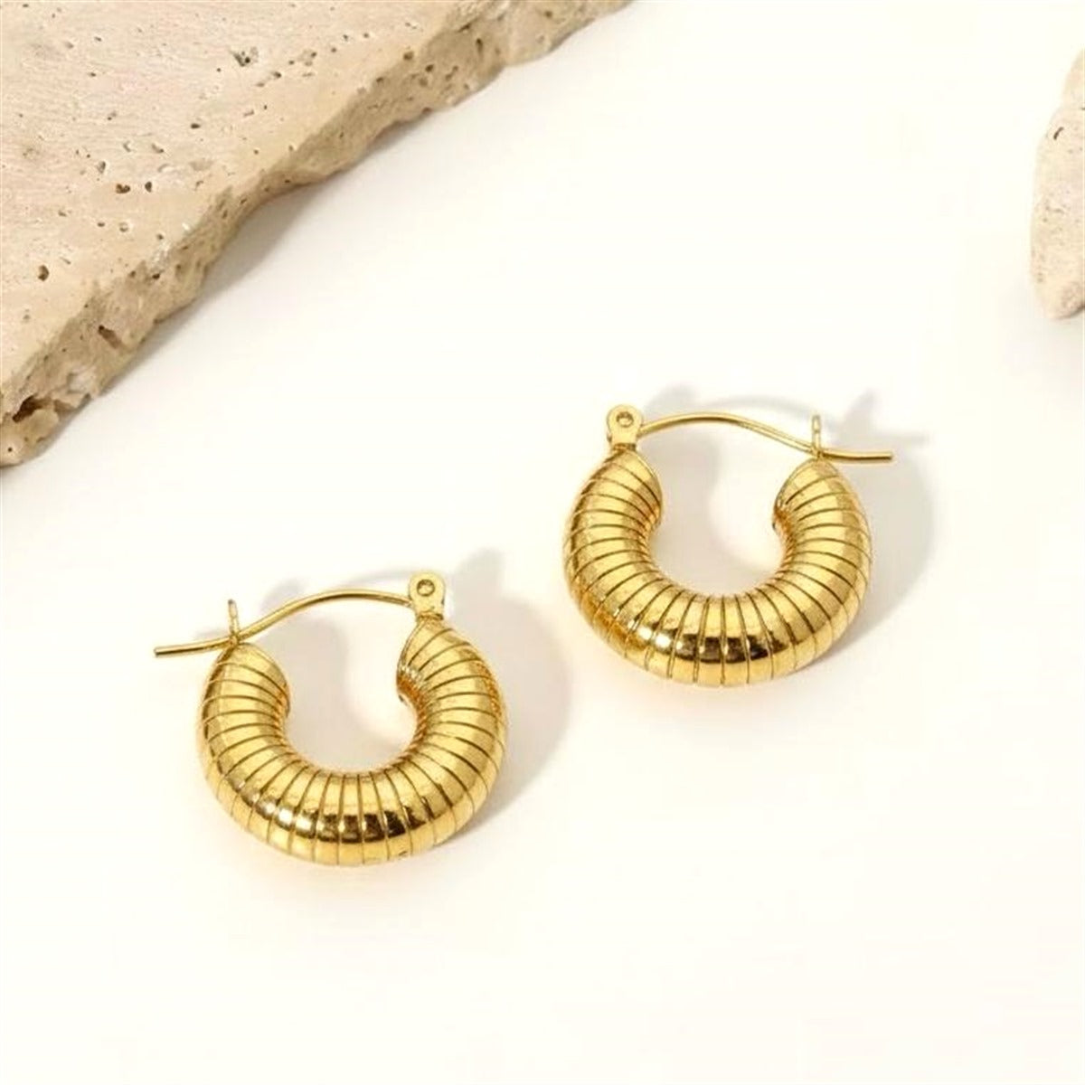 18K Gold Plated Ribbed Chunky Hoop Earrings