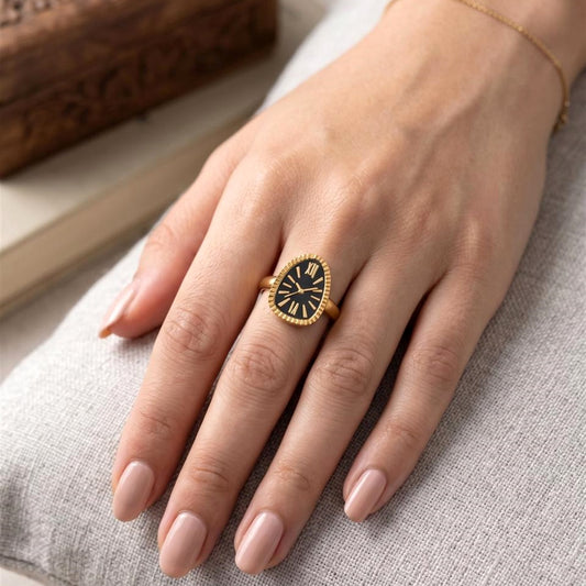 18K Gold Plated Black Roman Numeral Clock Ring
