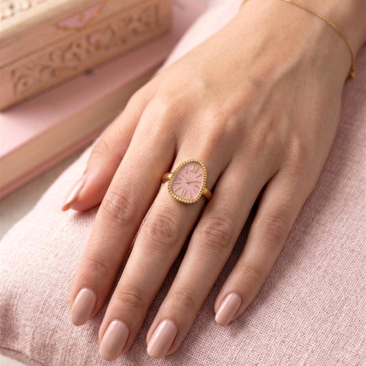 18K Gold Plated Pink Roman Numeral Clock Ring