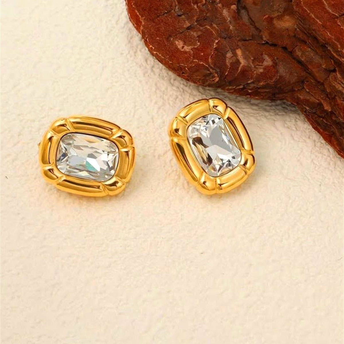 18K Gold Plated Square Crystal Stud Earrings