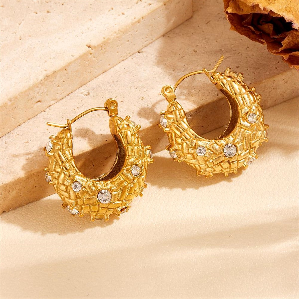18K Gold Plated Textured Crystal Chunky Hoop Earrings